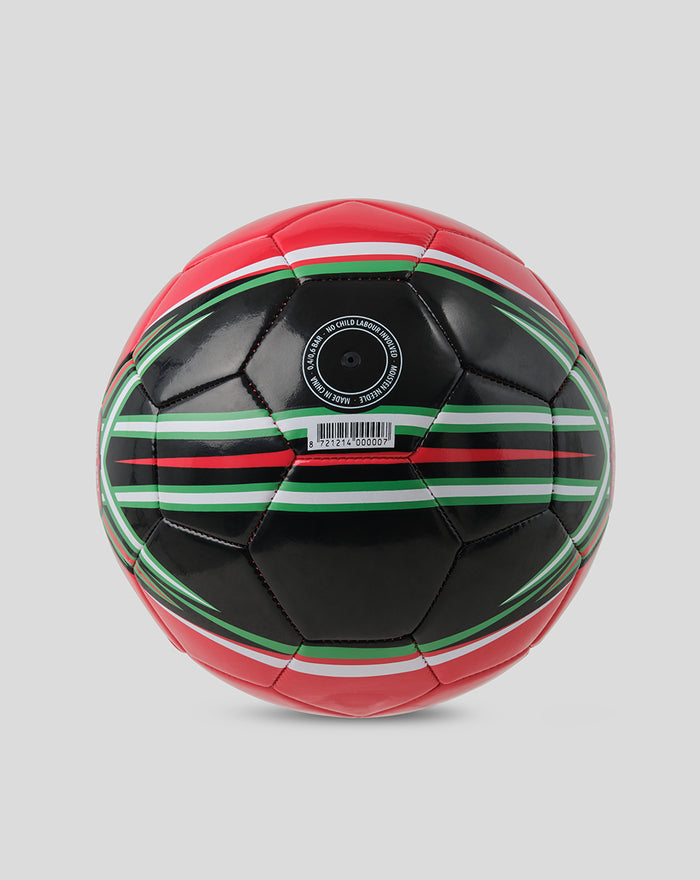 Football with red black and green white stripe pattern and barcode label on a panel