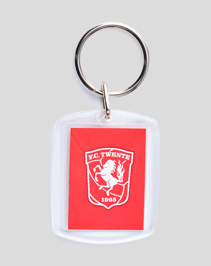 FC Twente logo keychain with red crest card in a clear plastic holder