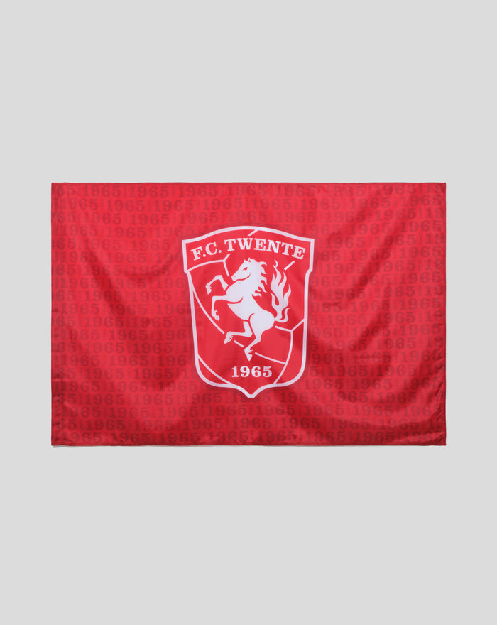 Red FC Twente flag with crest and repeating 1965 pattern