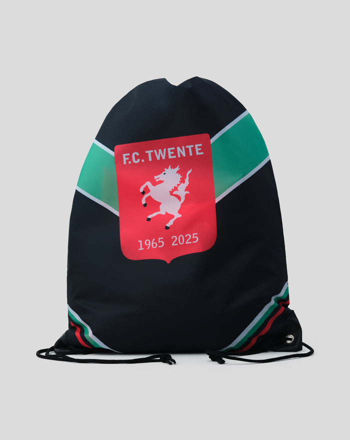 Black FC Twente jubileum drawstring gym bag with red crest and white horse, green white trim.