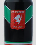 Close-up of the FC Twente crest on the bottle with a red shield and green white stripes.