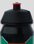 Close-up of the bottle neck with a bright red cap on a black FC Twente water bottle.