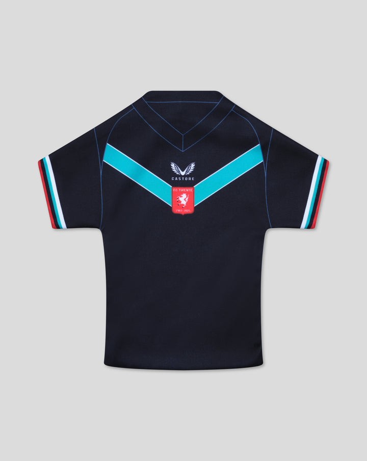 Back view of a navy Jubileum Accessoire top with turquoise chevron and FC Twente crest