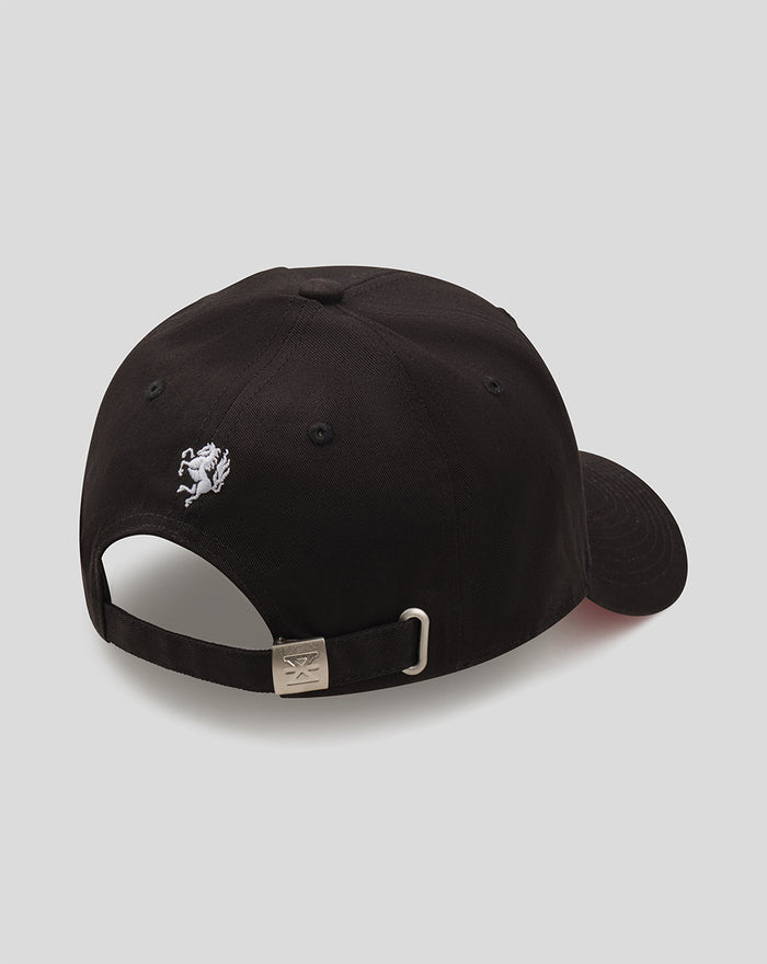 Back view of black FC Twente cap with white crest embroidery and metal buckle strap.