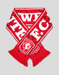 Red FC Twente home scarf arranged in an X shape with large white TWENTE lettering and club crest.