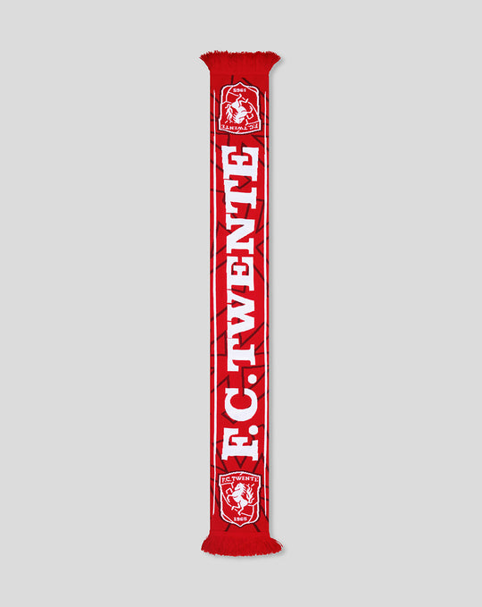 FC Twente red home scarf with bold white TWENTE lettering and club crest, fringed ends.