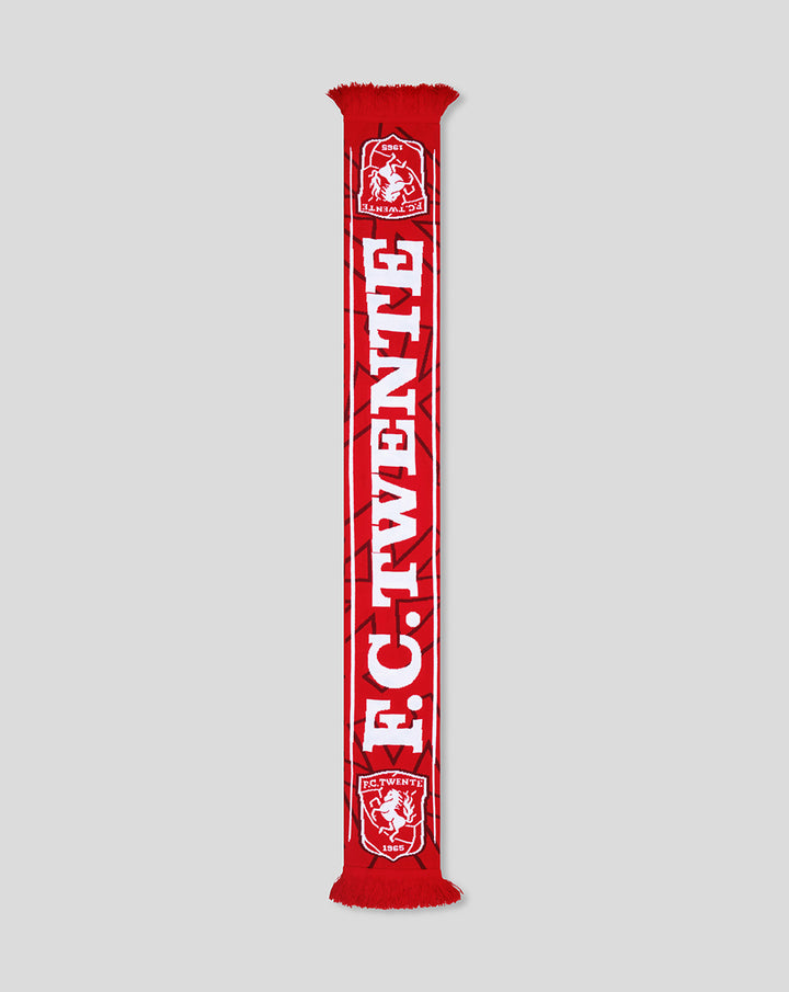 FC Twente red home scarf with bold white TWENTE lettering and club crest, fringed ends.