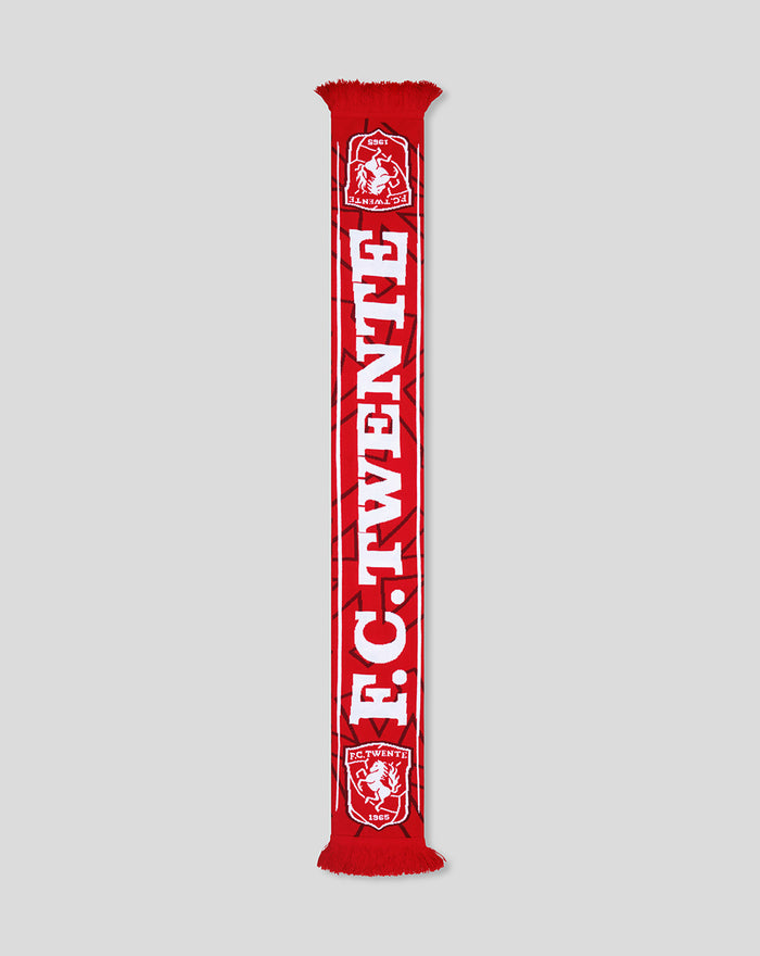 FC Twente red home scarf with bold white TWENTE lettering and club crest, fringed ends.