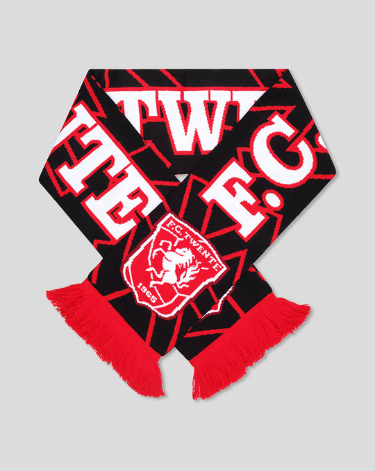 FC Twente Away 2026-2027 scarf folded to show bold white TWENTE lettering on black with red fringe and crest patch.