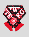 FC Twente Away 2026-2027 scarf folded to show bold white TWENTE lettering on black with red fringe and crest patch.