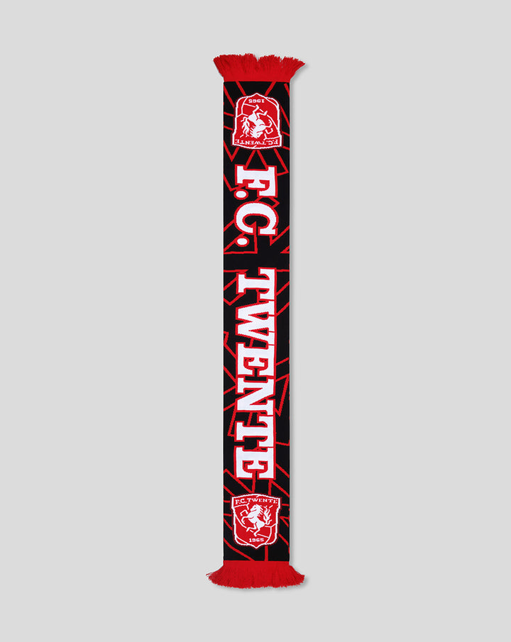 FC Twente Away 2026-2027 scarf with black background red pattern bold white TWENTE lettering and club crest at ends.