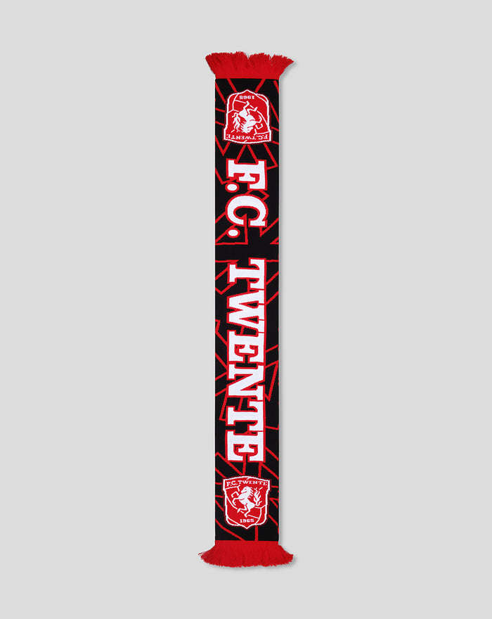 FC Twente Away 2026-2027 scarf with black background red pattern bold white TWENTE lettering and club crest at ends.