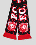 Close up of FC Twente Away scarf showing crest patches and red fringe along the ends.