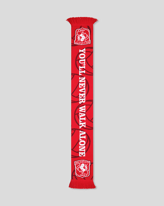 Red FC Twente scarf with vertical white YOU'LL NEVER WALK ALONE text and club crests at both ends