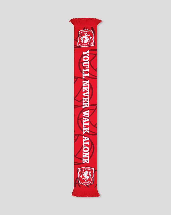 Red FC Twente scarf with vertical white YOU'LL NEVER WALK ALONE text and club crests at both ends