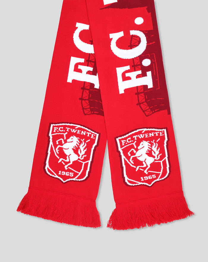 Close up of red FC Twente Skyline scarf end with white crest and fringe