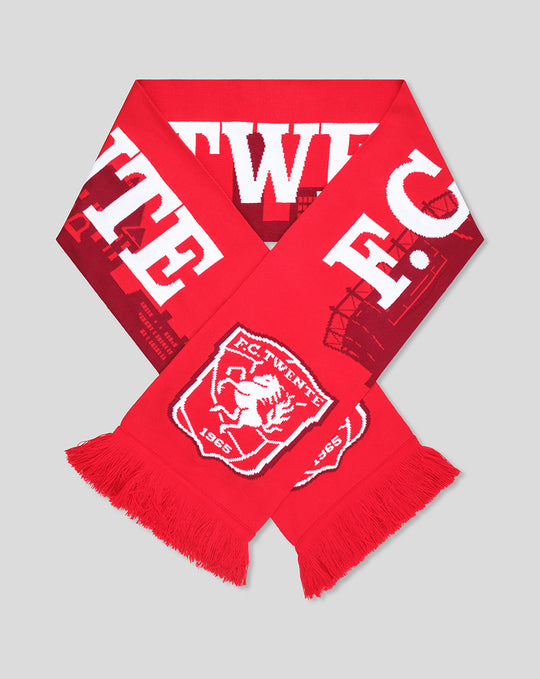 Red FC Twente Skyline scarf folded in an X shape showing bold TWENTE letters and the club crest