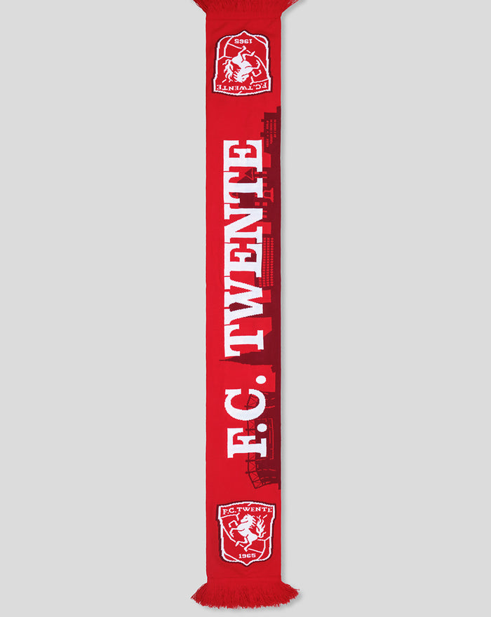 Red FC Twente Skyline scarf with white TWENTE lettering and crest logos at the ends