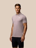 Front view of a pink yarn-dye striped golf polo with a two-button collar and Castore logo on the left chest