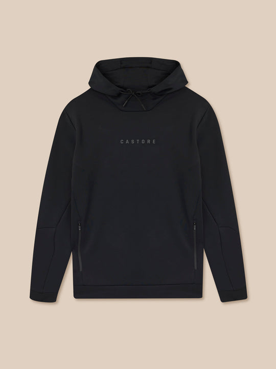 Front view of black Castore hoodie with hood and side zip pockets plus a centered Castore logo.