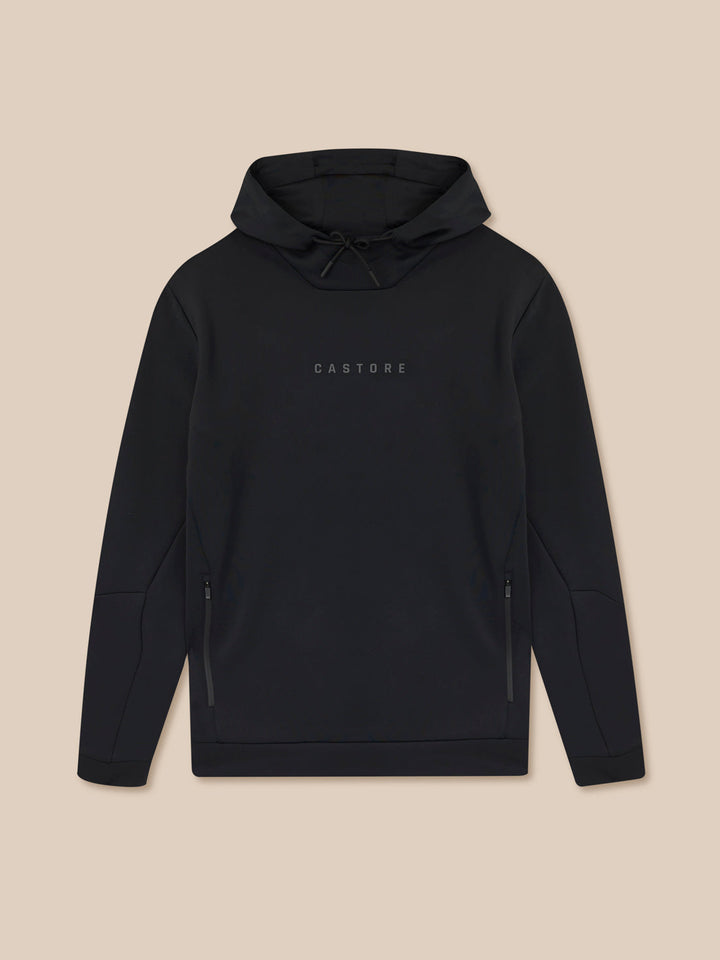 Front view of black Castore hoodie with hood and side zip pockets plus a centered Castore logo.