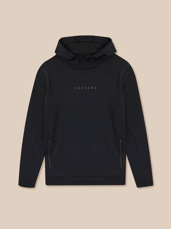 Front view of black Castore hoodie with hood and side zip pockets plus a centered Castore logo.