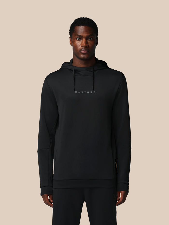 Front view of black Castore Flex hoodie with chest CASTORE logo and adjustable three piece hood.