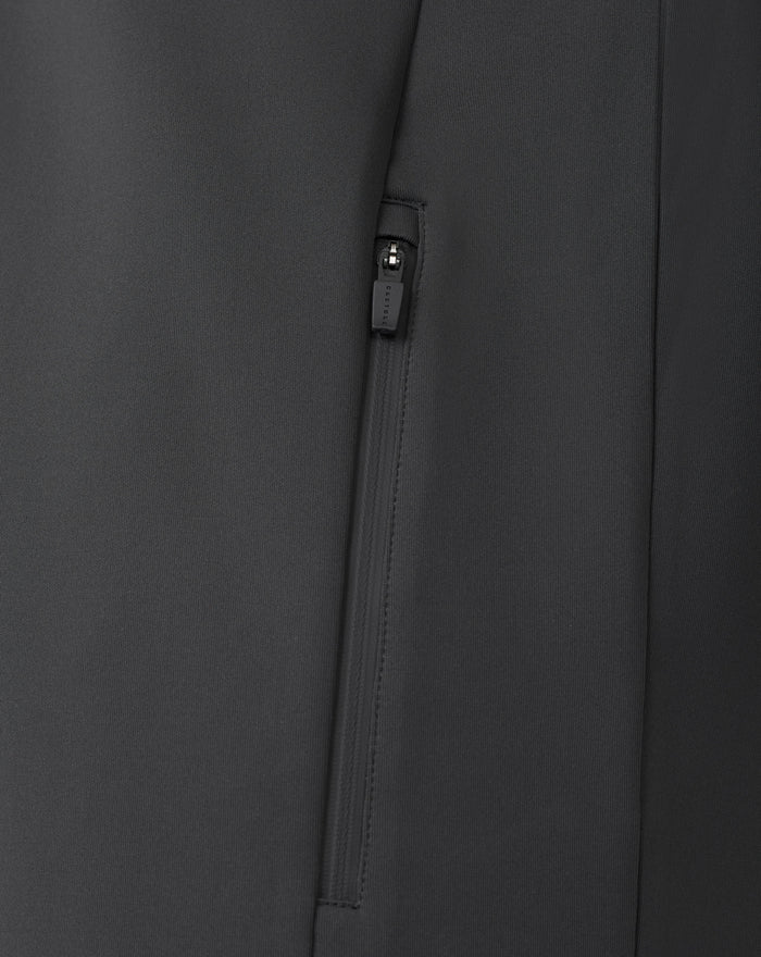 Close up of a zip pocket on dark gunmetal Castore sweatshirt fabric.