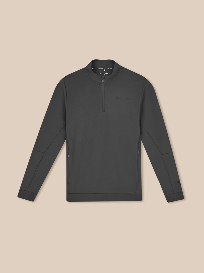 Front view of gunmetal Heren Flex long sleeve sweatshirt with quarter zip and chest Castore logo.