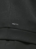 Close-up of black ProTek fabric with water droplets and ProTek branding on the sleeve