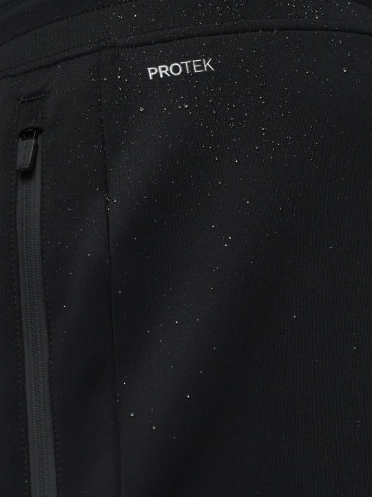 Close-up of black fabric with water droplets and ProTek branding highlighting rain resistance and zipper detail