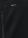 Close-up of black fabric with water droplets and ProTek branding highlighting rain resistance and zipper detail