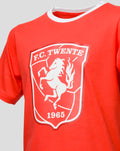 Close up of FC Twente shield logo with white horse on red Shortama shirt
