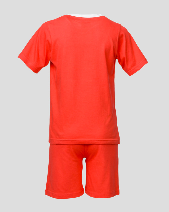 Rear view of red Shortama shirt with white collar