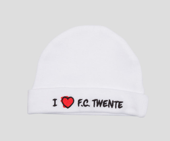 White baby beanie with embroidered I love FC Twente