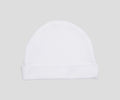 Close up of white baby beanie showing I love FC Twente embroidery on the folded edge