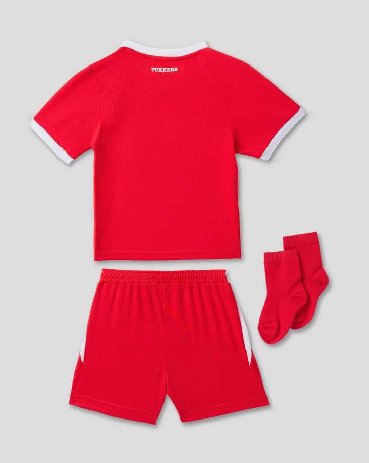 Baby FC Twente 26/27 home shirt in red with white trim and chest crest.