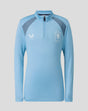 Front view of blue FC Twente training midlayer top for juniors with team crest Castore logo and stand collar