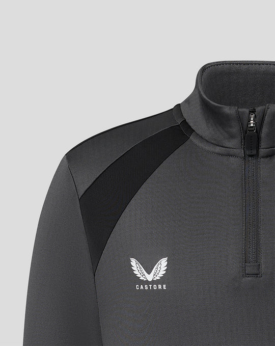 Close up of a gunmetal FC Twente junior training midlayer with a high funnel neck front zip and black shoulder panels.