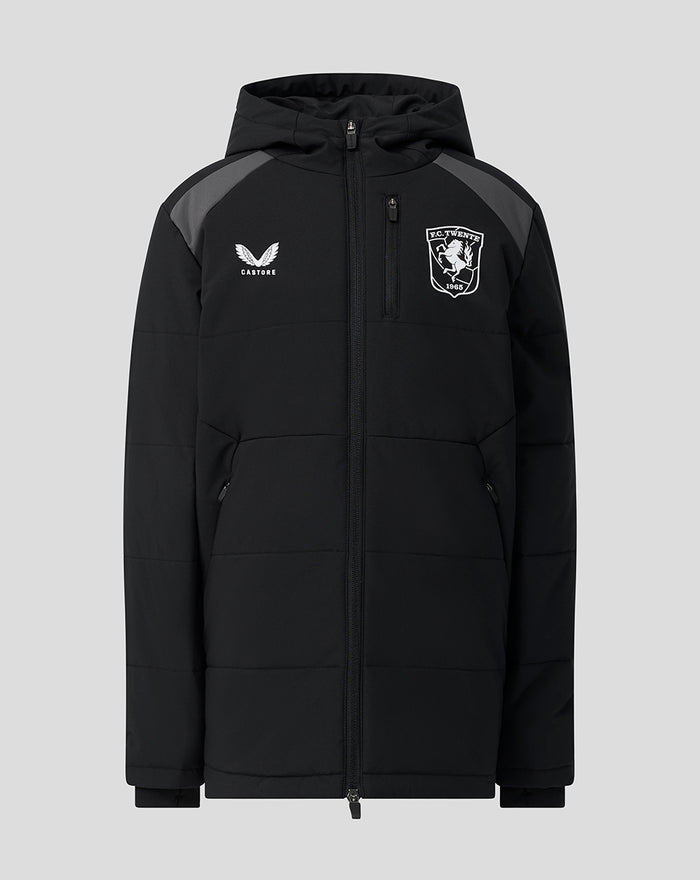 Black padded FC Twente training jacket with hood and club crest on the chest