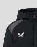Close-up of hooded black Castore jacket showing zipper and left chest logo