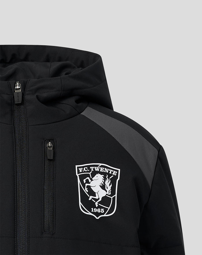 Front view of black FC Twente junior padded training jacket with full-length zipper and left chest crest