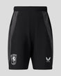 Front view of black junior FC Twente training shorts with gray side panels and zip pockets