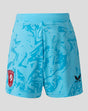 Back view of junior blue FC Twente keeper shorts with turquoise print and club crest on left leg