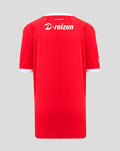 Achterkant van FC Twente thuisshirt voor junioren rood met D-reizen sponsor en witte kraag.