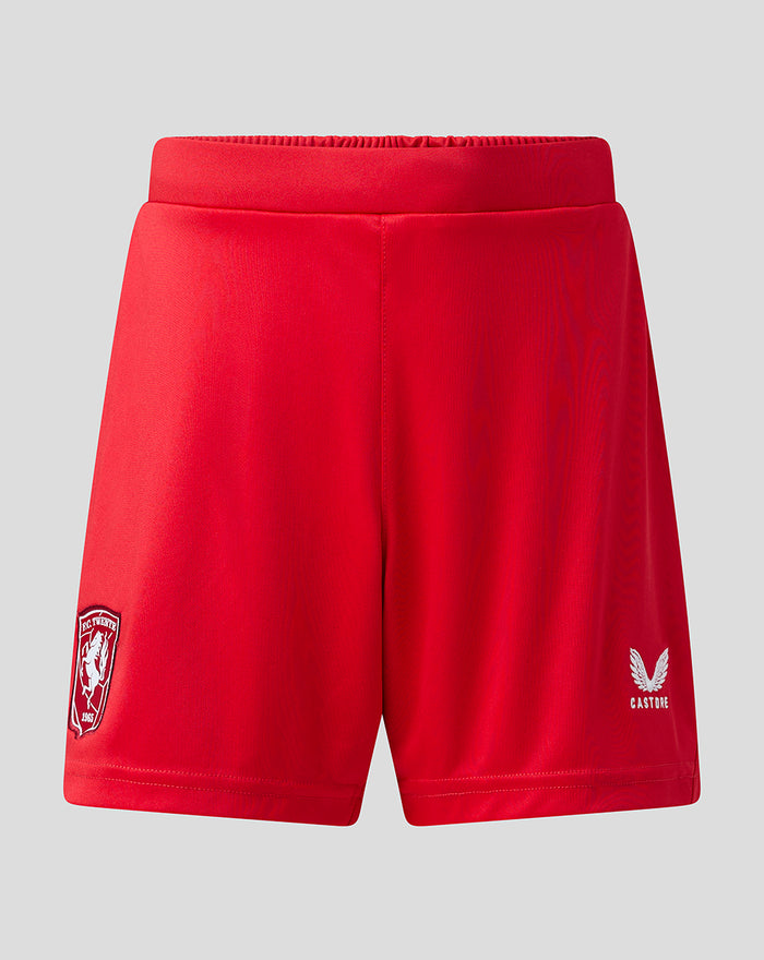 Red FC Twente home shorts with club crest on the left leg and Castore logo on the right