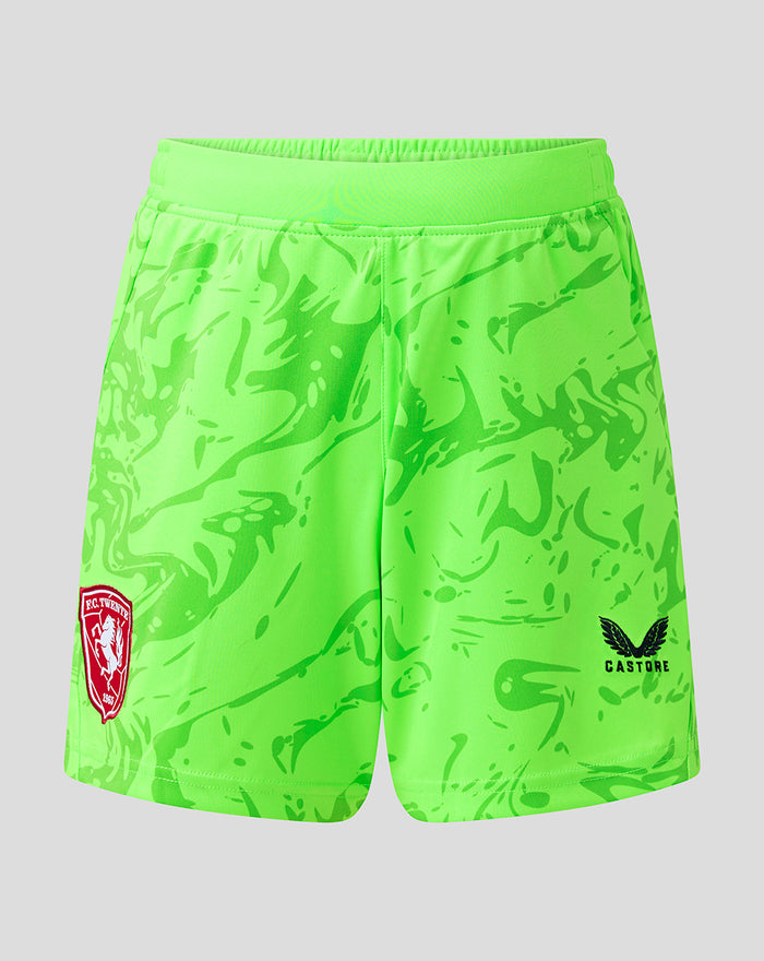 Neon green FC Twente keeper shorts with abstract print, red club crest on left leg and Castore logo on right