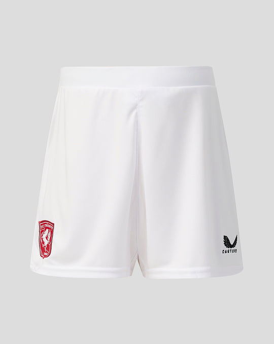 Front view of white junior FC Twente Derde Short 26/27 featuring a red club crest on the left leg and a Castore logo on the right.
