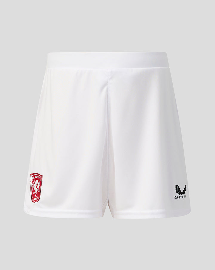 Front view of white junior FC Twente Derde Short 26/27 featuring a red club crest on the left leg and a Castore logo on the right.