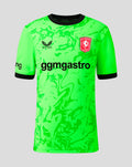 Front view of neon green FC Twente junior keeper shirt with black collar and bold pattern, crest on the chest.
